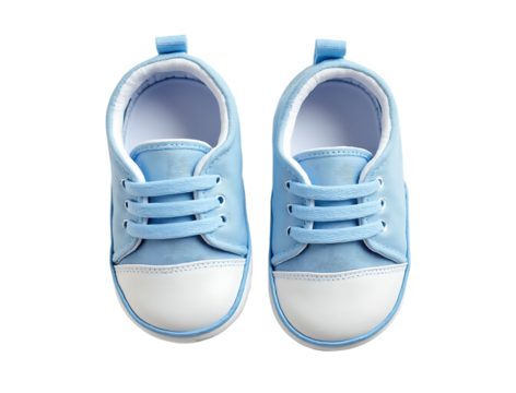 Soft blue baby sneakers with white toe caps and laces isolated on a transparent background footwear