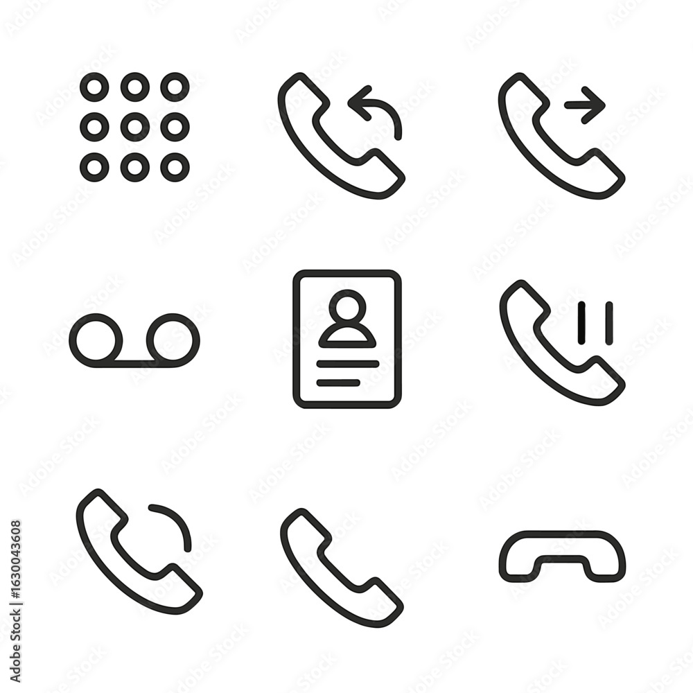 Poster phone call icon set. outline icon set of phone call functions: dial pad, incoming call, outgoing cal