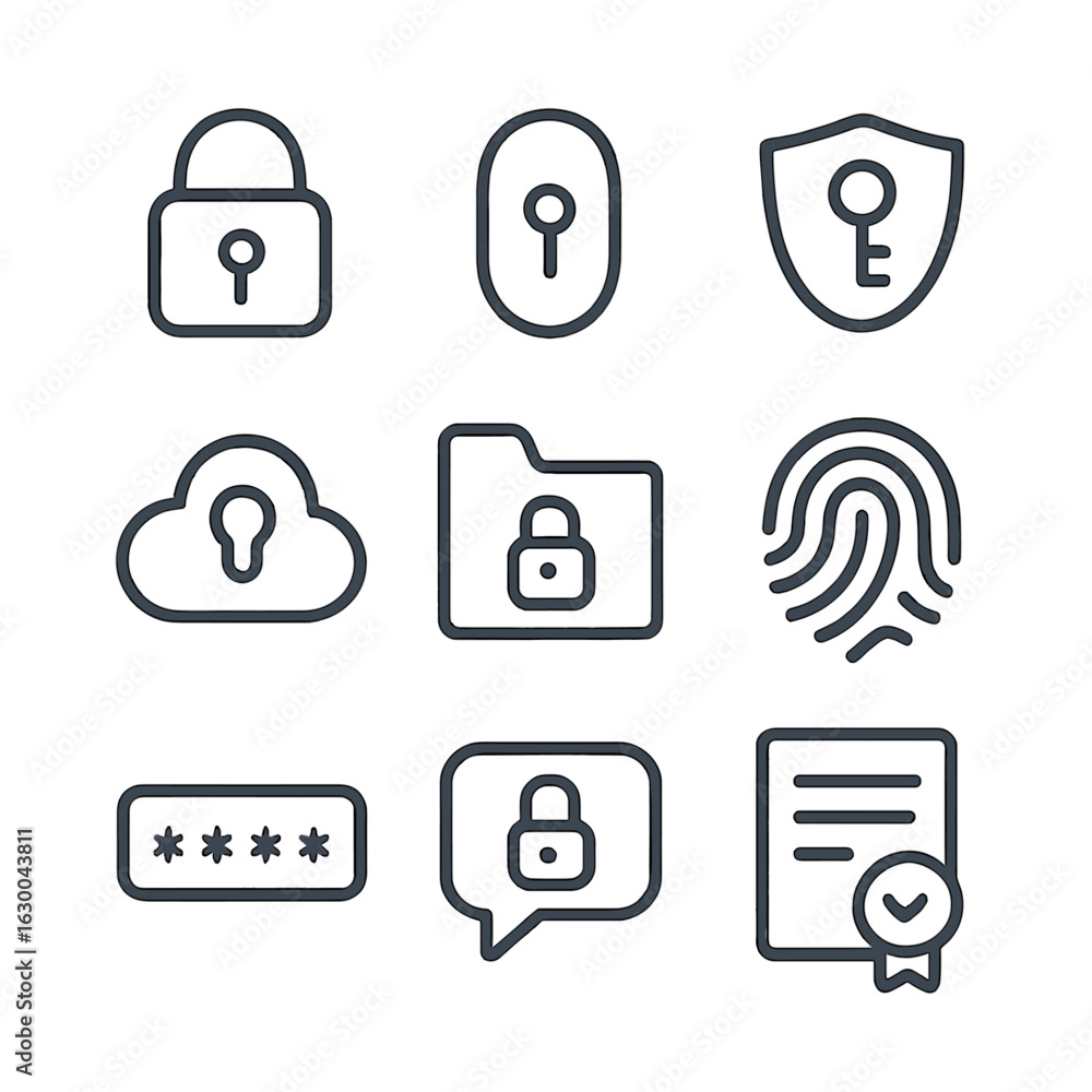 Poster encryption icon set. outline icon set of encryption symbols: padlock, keyhole, shield with key, encr