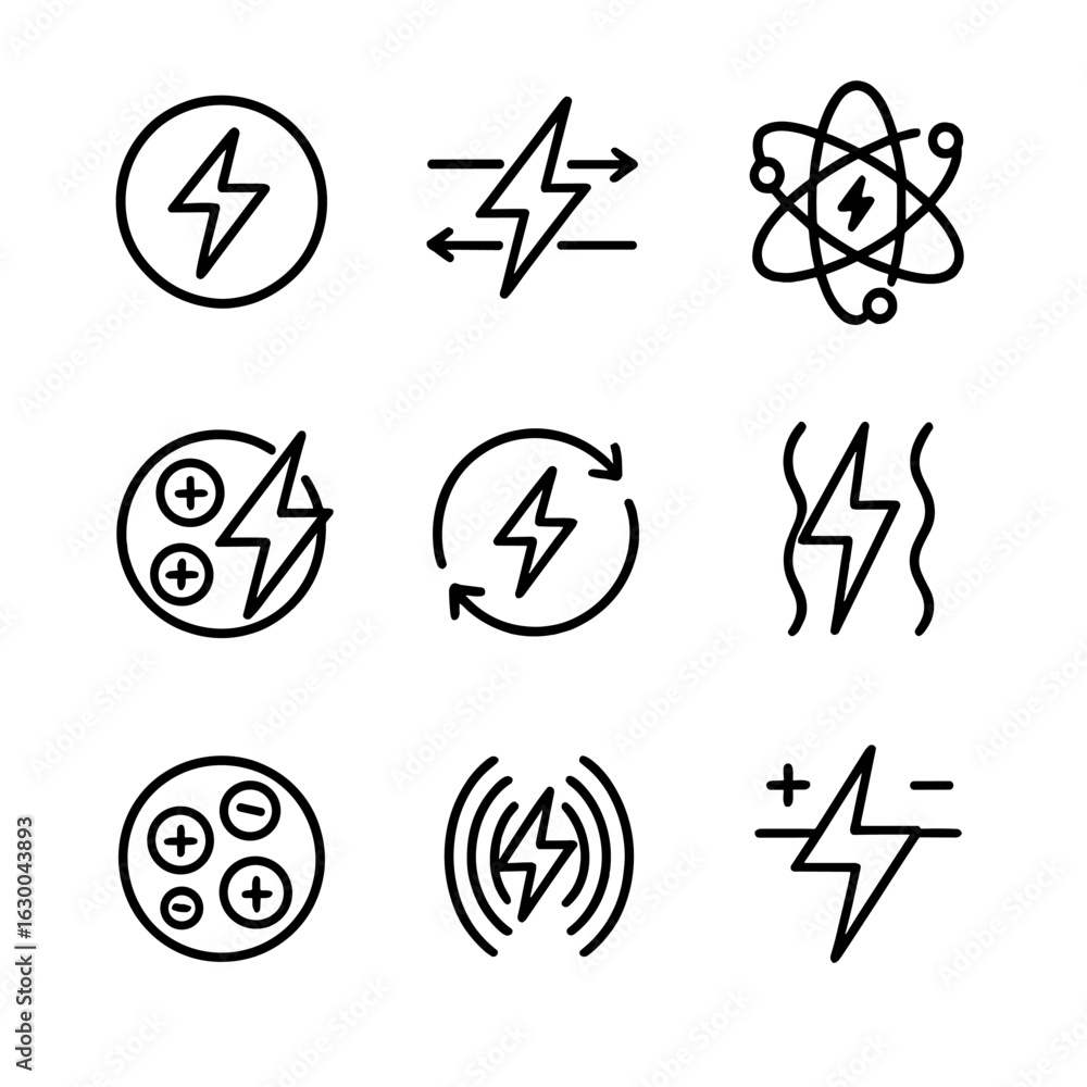 Poster physics lightning icons. outline icon set of lightning in physics: electrical current, charge transf