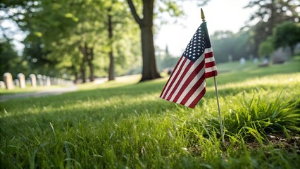 Small American flag on the green grass for Memorial Day background. AI