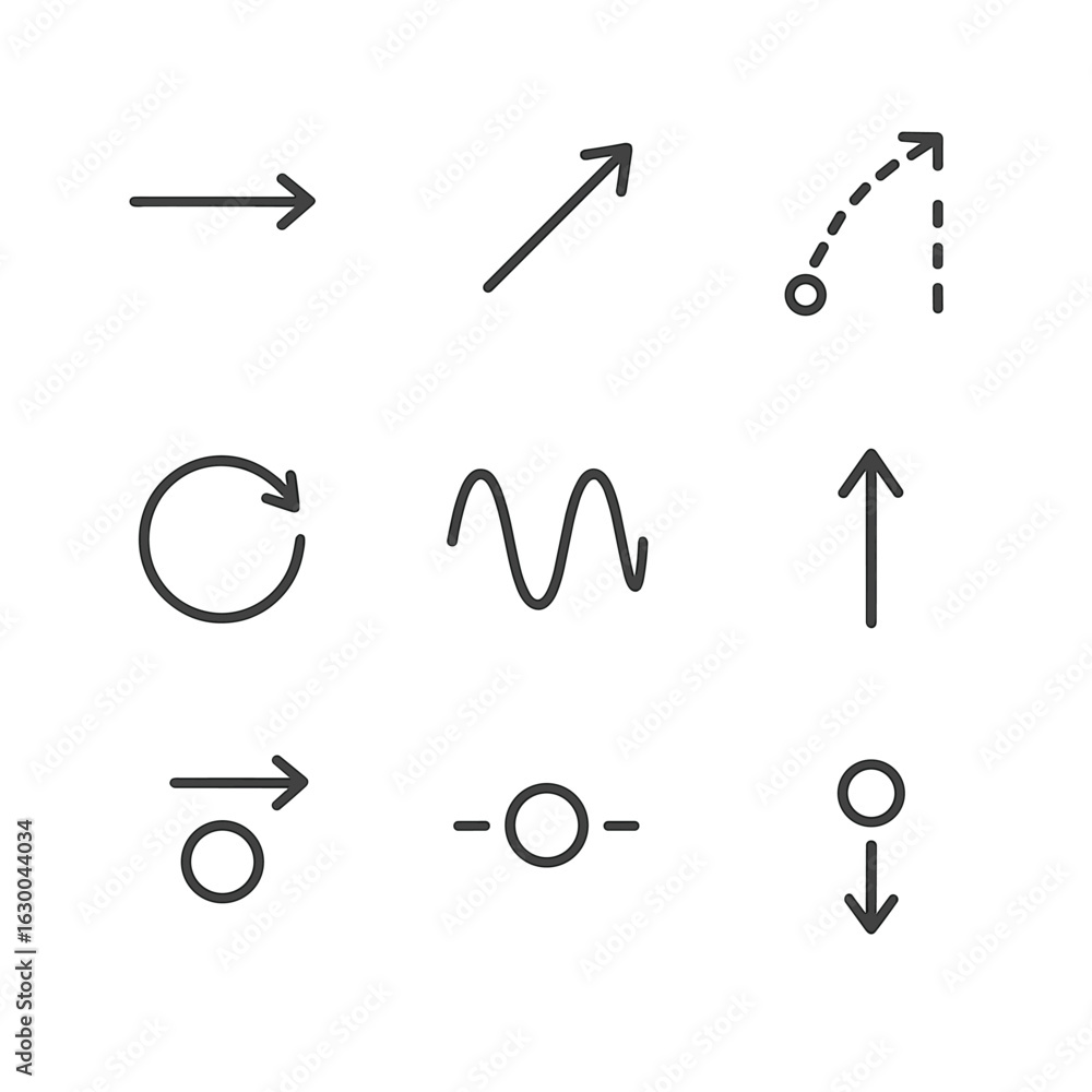 Poster physics icon set. outline icon set of motion in physics: velocity vector, acceleration, projectile, 