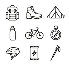 Endurance Gear Icons. Outline icon set of endurance gear: backpack, hiking boots, tent, compass, water bottle, mountain bike,