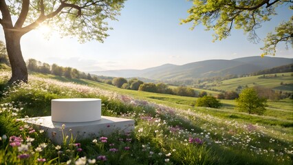 Sunlit podium in a spring meadow. Perfect for natural beauty and organic products