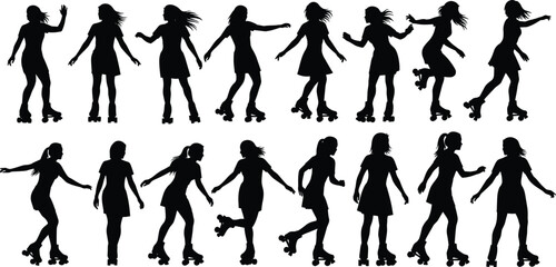 Roller skating girl silhouette set, female skater poses collection, active lifestyle vector, dancing on skates, black isolated illustration

