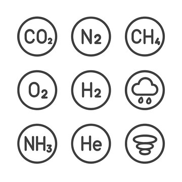 Planetary Atmosphere Icons. Outline icon set of planetary atmospheres: carbon dioxide, nitrogen, methane, oxygen, hydrogen,