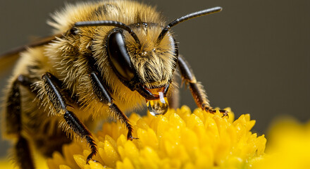 Macro closeup of a fuzzy honeybee drinking a clear nectar droplet from a vibrant yellow flower in a garden.