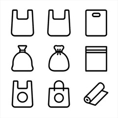 Plastic Bag Icon Set. Outline icon set of plastic bags: single-use bag, grocery bag, retail bag, die-cut handle bag, trash bag,
