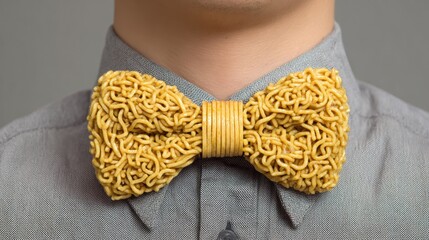 A person wears a fun and creative bow tie made from dried instant noodles, showcasing a playful and quirky fashion statement
