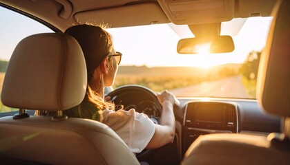 A woman enjoys a beautiful drive along a country road at sunset