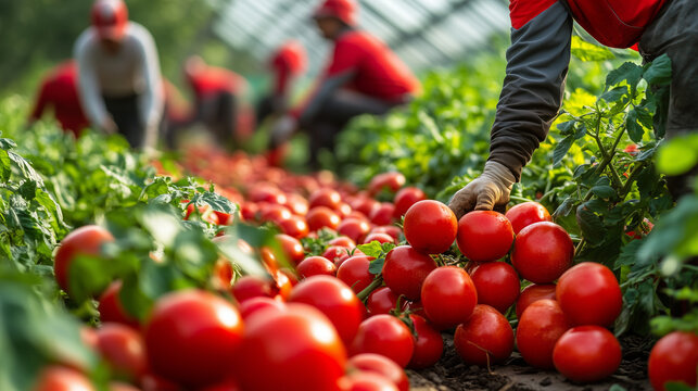 Group of agricultural workers harvesting ripe red tomatoes in a lush green field, showcasing teamwork and dedication to sustainable farming practices and fresh produce