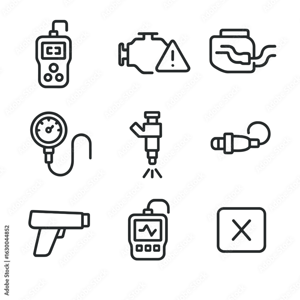 Poster engine diagnostics icons. outline icon set of engine diagnostics: engine code reader, check engine l