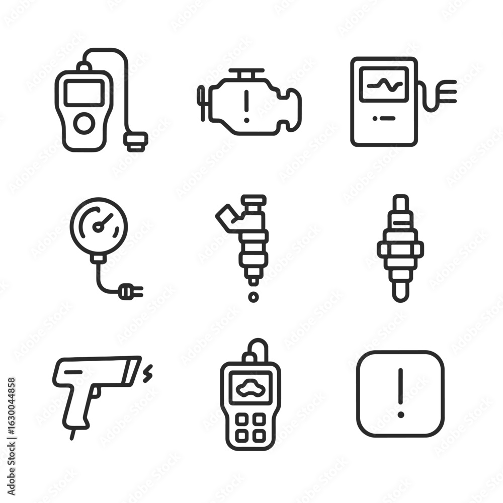 Aufkleber engine diagnostics icons. outline icon set of engine diagnostics: engine code reader, check engine l