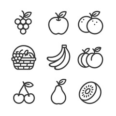 Fruit Basket Icons. Outline icon set of fruit basket: grapes, apples, oranges, bananas, peaches, plums,