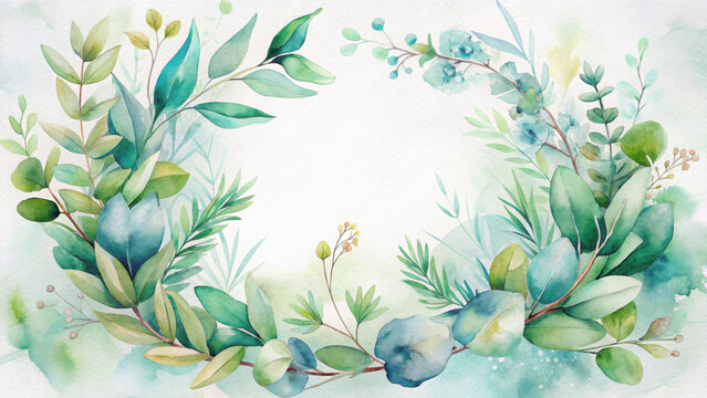Watercolor eucalyptus leaf frame, a delicate and natural painting isolated on white background