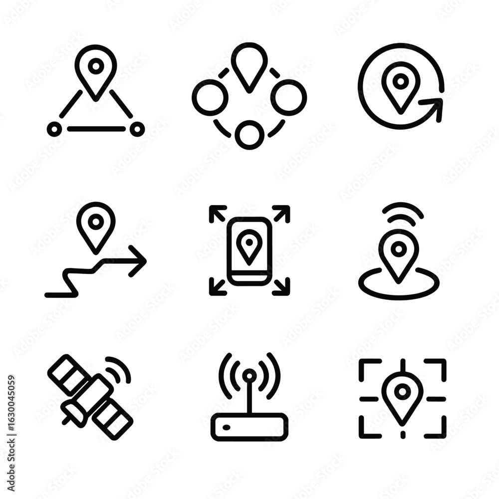 Poster positioning methods icons. outline icon set of positioning methods: triangulation, trilateration, de
