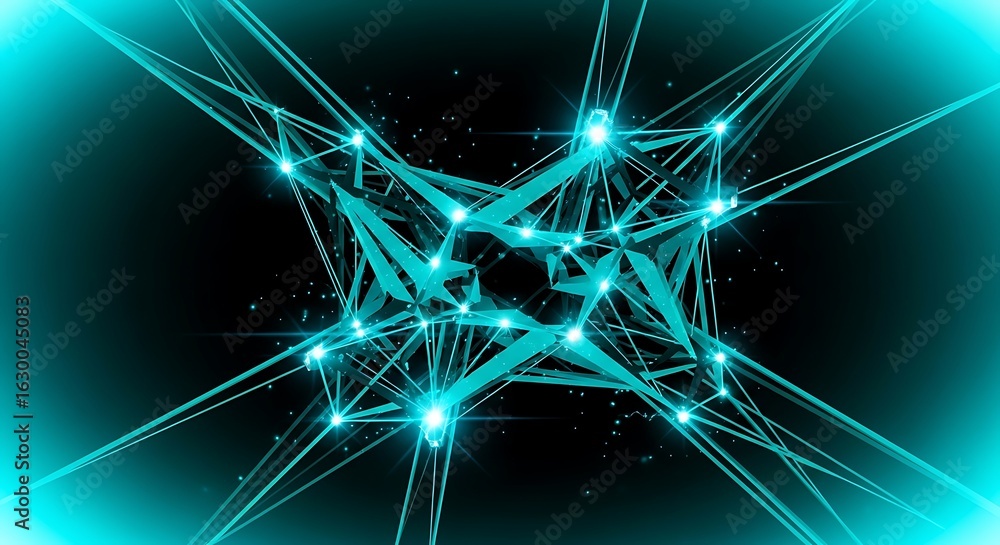 Poster abstract geometric network structure with cyan neon lights and light rays emanating