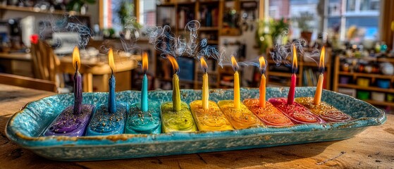 Fototapeta premium A tray of candles with a rainbow of colors on it. The candles are lit and the tray is on a wooden table