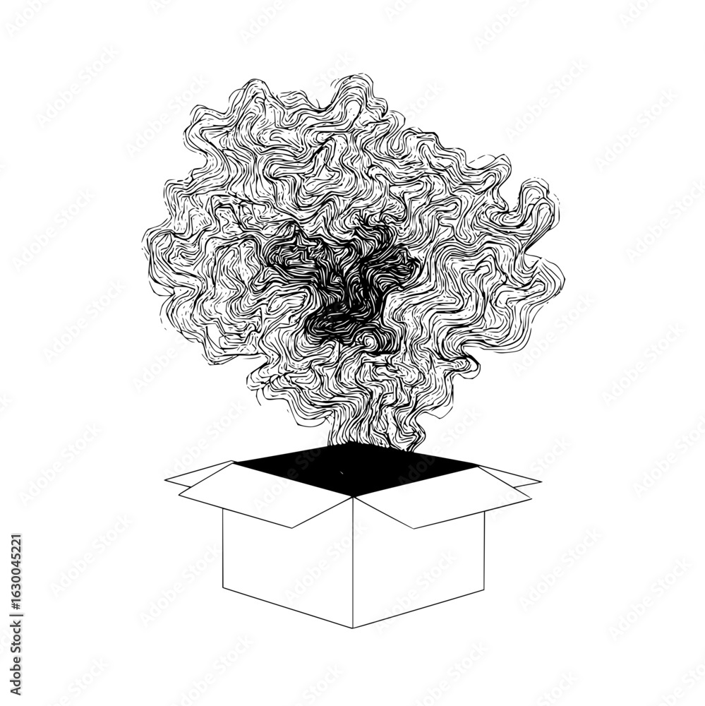 Poster abstract line art depicting chaotic cloud emerging from an open box in black and white drawing style