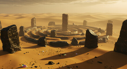 Desert landscape with stone circle ancient ruins mysterious monoliths sand dunes arid scenery monument site