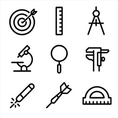Obraz premium Precision Icon Set. Outline icon set of precision and accuracy concepts: bullseye, ruler, compass, microscope, magnifying glass,
