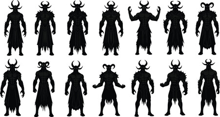 Dark demon silhouette collection, horned monster vector set, fantasy villain figures, evil character icons, gothic horror illustration, mythical beast shapes