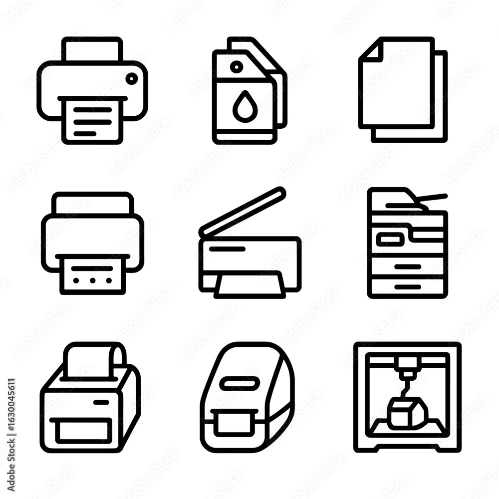 Poster print device icons. outline icon set of print devices and tools: printer, ink cartridge, paper stack