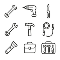 Cosmonaut Tool Icons. Outline icon set of cosmonaut tools: wrench, drill, screwdriver, space spanner, hammer, tether, flashlight,