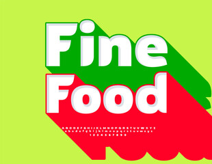 Vector Marketing template Fine Food. 3D Font with Big Red Shadow. Awesome Alphabet Letters and Numbers set.