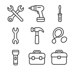 Cosmonaut Tool Icons. Outline icon set of cosmonaut tools: wrench, drill, screwdriver, space spanner, hammer, tether, flashlight,