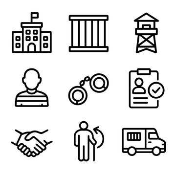 Prison Icon Set. Outline icon set of prison and correction: prison building, bars, guard tower, inmate, handcuffs, probation,