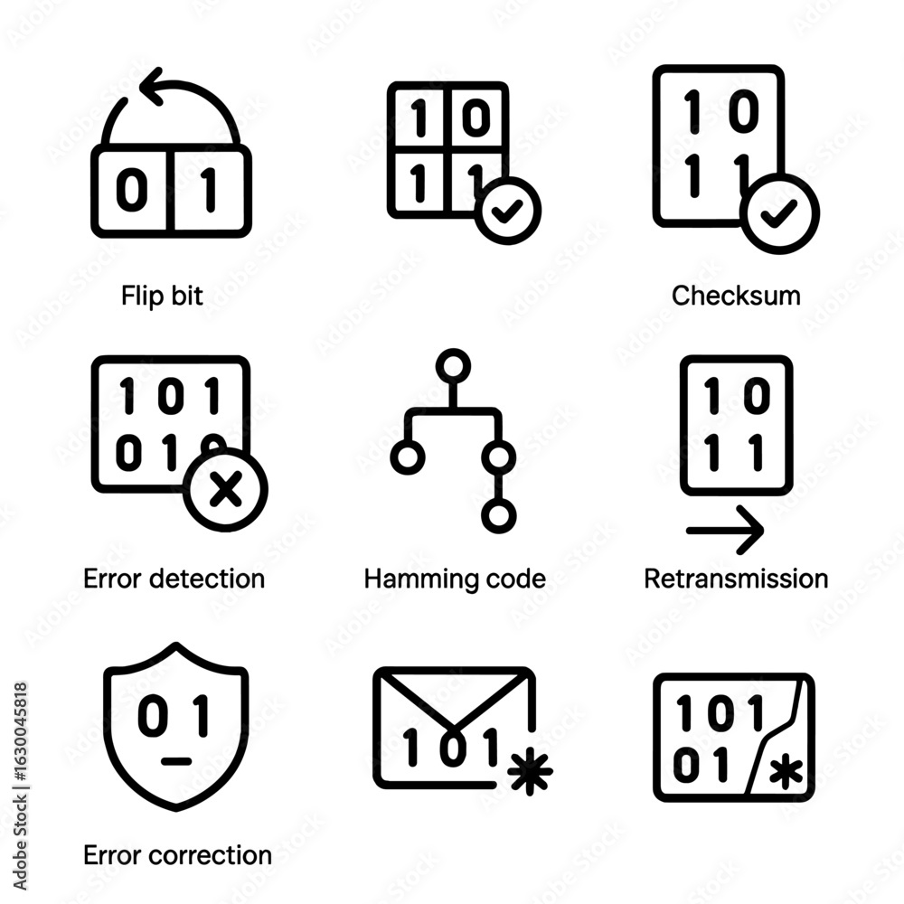 Poster error correction icons. outline icon set of bit error and correction: flipped bit icon, parity bit i