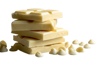 A stack of creamy white chocolate bars, with a few white chocolate chips scattered at the base, set against a soft, light gray backdrop.
