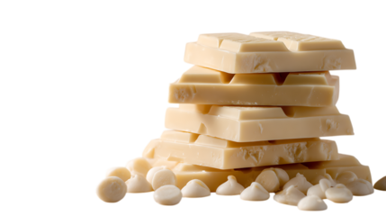 A stack of creamy white chocolate bars, with a few white chocolate chips scattered at the base, set against a soft, light gray backdrop.