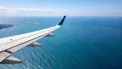 Overhead view of airplane wing over blue ocean during summer flight travel