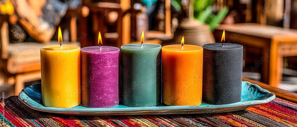 Poster a row of candles with different colors and sizes are lit up on a table. the candles are arranged in 