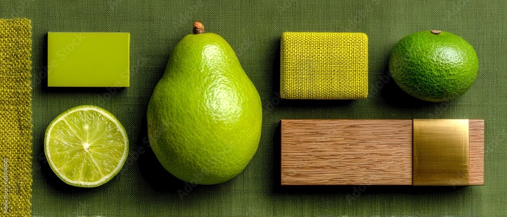 Poster a green pear sits on a green cloth next to a lime. the pear and lime are surrounded by other green o