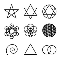Esoteric Geometry Icons. Outline icon set of esoteric geometry: pentagram, hexagram, enneagram, cube of metatron, seed of life,