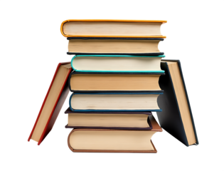 Stacked hardcover books in assorted colors isolated on a transparent background reading knowledge