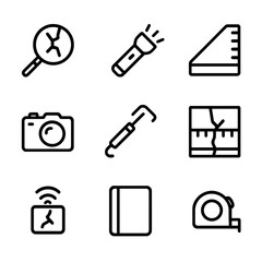 Crack Inspection Icons. Outline icon set of crack inspection: magnifying glass, flashlight, ruler, camera, probe, crack monitor,