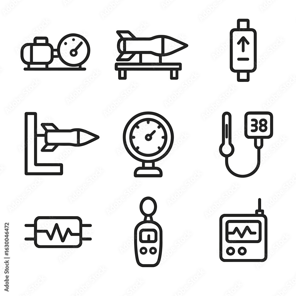 Poster propulsion testing icons. outline icon set of propulsion testing: dynamometer, test bench, fuel flow