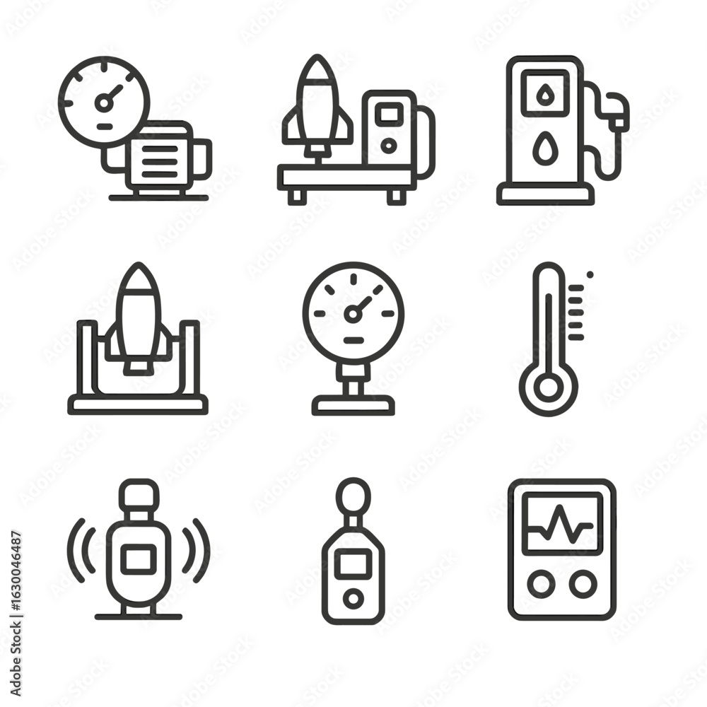 Poster propulsion testing icons. outline icon set of propulsion testing: dynamometer, test bench, fuel flow