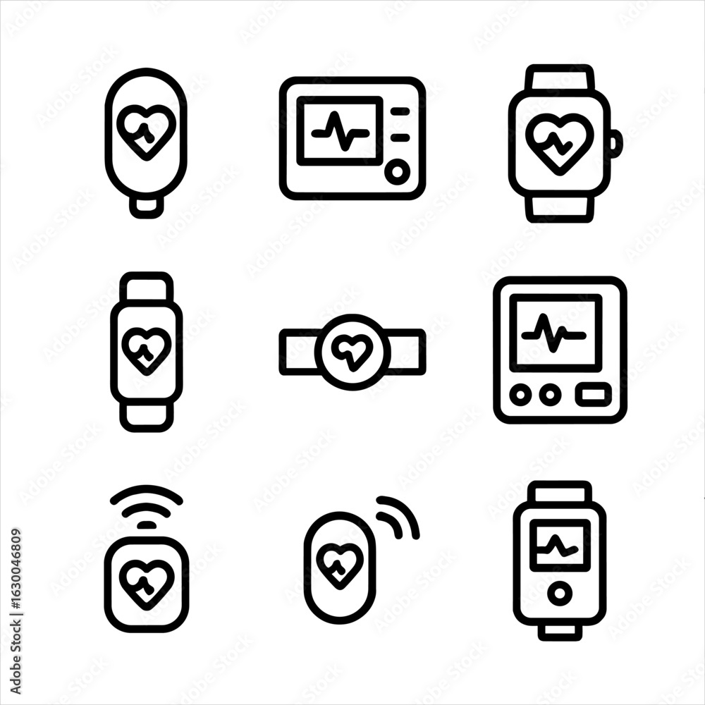Poster pulse device icons. outline icon set of pulse monitoring devices: pulse sensor, ecg machine, smartwa