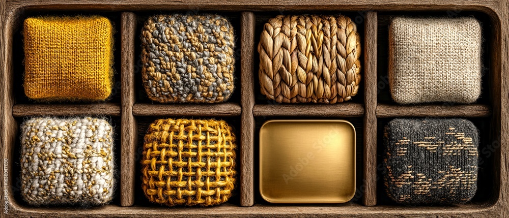 Poster a wooden box with a variety of different colored and textured items inside. the items are arranged i