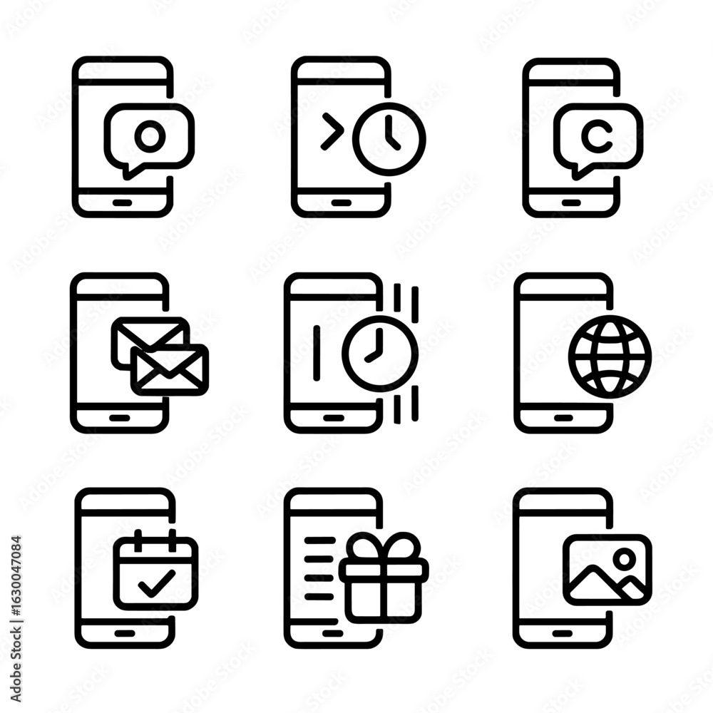 Poster push message icons. outline icon set of push message scheduling: immediate send, delayed send, recur