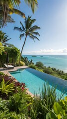 Fototapeta premium Tropical Getaway Infinity Pool Paradise with Ocean Views Lush Greenery Sunny Skies