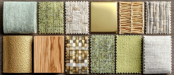 A collection of different textures and colors, including wood, gold, and green. Concept of variety and diversity, with each piece standing out in its own unique way. The combination of materials