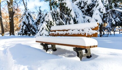 Snow Covered Park Bench in Winter Wonderland