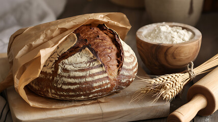 Rustic sourdough bread in paper bag with flour and rolling pin