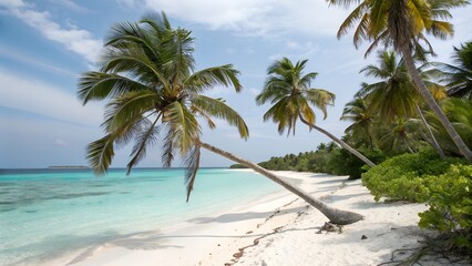 Fototapeta premium Tropical paradise with palm trees. white sandy beach. turquoise sea.